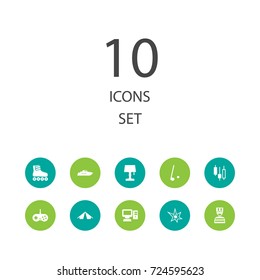 Set Of 10 Lifestyle Icons Set.Collection Of Personal Computer, Joystick, Roller Skates And Other Elements.