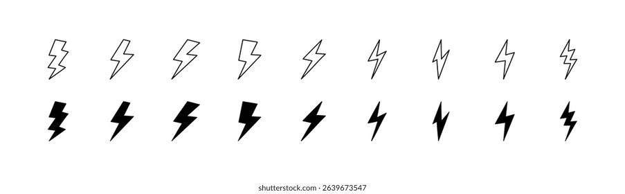 Set of 10 lightning bolt icons – thunderbolt, flash, electricity and energy symbols. Flat vector design with outline and glyph thunder signs on black icon set