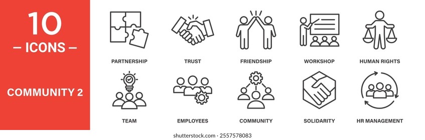 A set of 10 line icons highlighting community collaboration, featuring partnership, trust, friendship, workshops, human rights, teamwork, employees, solidarity, and HR management.