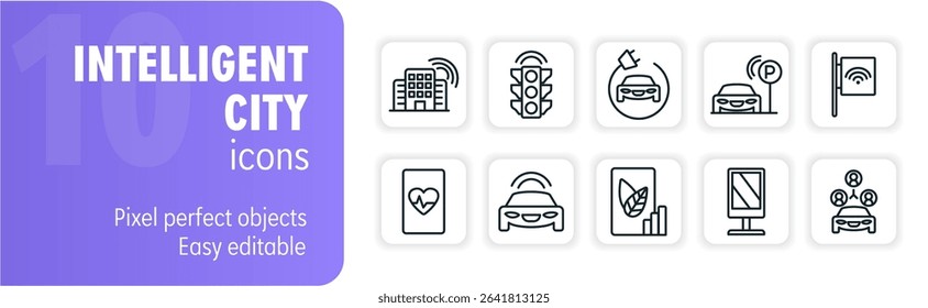 Set of 10 line icons representing smart city features and technologies, perfect for illustrating concepts related to urban innovation