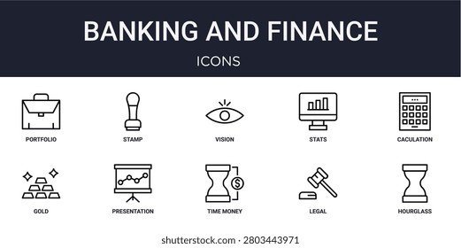 Set of 10 linear Banking and Finance icons for interface projects, presentations and web graphics. Outline symbol collection with stamp, stats, gold, time is money and legal.