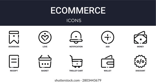 Set of 10 linear Ecommerce icons for interface projects, presentations and web graphics. Outline symbol collection with love, add, receipt, trolley cart and wallet.