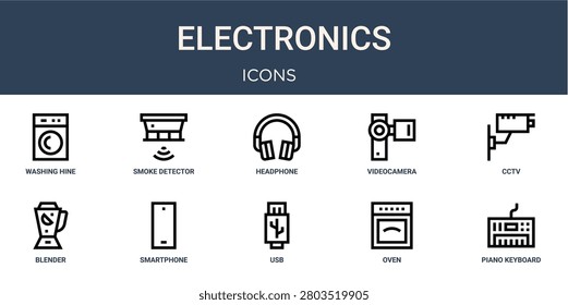 Set of 10 linear Electronics icons for interface projects, presentations and web graphics. Outline symbol collection with smoke detector, videocamera, blender, usb and oven.