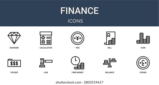 Set of 10 linear Finance icons for interface projects, presentations and web graphics. Outline symbol collection with calculator, bill, folder, time is money and balance.