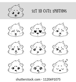 Set of 10 Linear Funny Cavy  Emoticons. Cartoon guinea pig, isolated on transparent background 