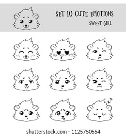 Set of 10 Linear Funny Girl Cavy  Emoticons. Cartoon guinea pig, isolated on transparent background 