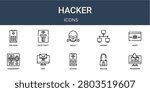 Set of 10 linear Hacker icons for interface projects, presentations and web graphics. Outline symbol collection with data theft, hacker, fingerprint scan, access and unlock.