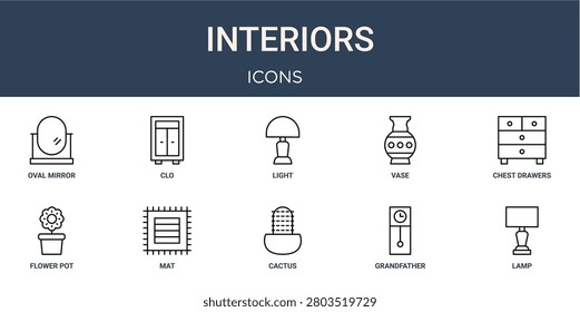 Set of 10 linear Interiors icons for interface projects, presentations and web graphics. Outline symbol collection with clo, vase, flower pot, cactus and grandfather clock.