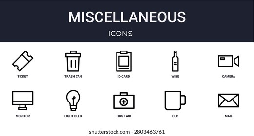 Set of 10 linear Miscellaneous icons for interface projects, presentations and web graphics. Outline symbol collection with trash can, wine, monitor, first aid kit and cup.