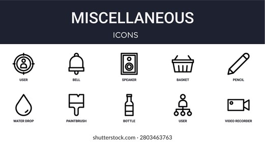 Set of 10 linear Miscellaneous icons for interface projects, presentations and web graphics. Outline symbol collection with bell, basket, water drop, bottle and user.