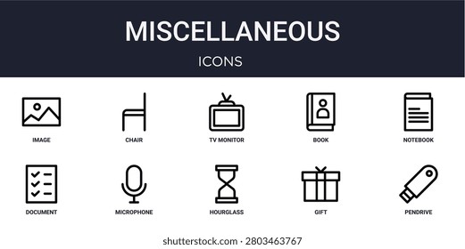 Set of 10 linear Miscellaneous icons for interface projects, presentations and web graphics. Outline symbol collection with chair, book, document, hourglass and gift.