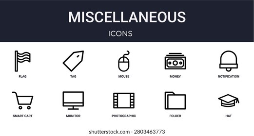 Set of 10 linear Miscellaneous icons for interface projects, presentations and web graphics. Outline symbol collection with tag, money, smart cart, photographic film and folder.