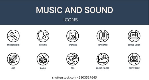 Set of 10 linear Music and Sound icons for interface projects, presentations and web graphics. Outline symbol collection with singing, keyboard, cds, cds and music folder.