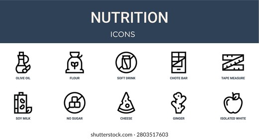 Set of 10 linear Nutrition icons for interface projects, presentations and web graphics. Outline symbol collection with flour, chote bar, soy milk, cheese and ginger.