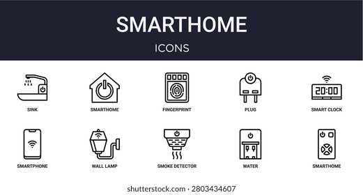 Set of 10 linear Smarthome icons for interface projects, presentations and web graphics. Outline symbol collection with smarthome, plug, smartphone, smoke detector and water dispenser.