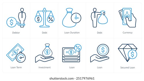 Um conjunto de 10 ícones de Empréstimo e Dívida como devedor, dívida, duração do empréstimo