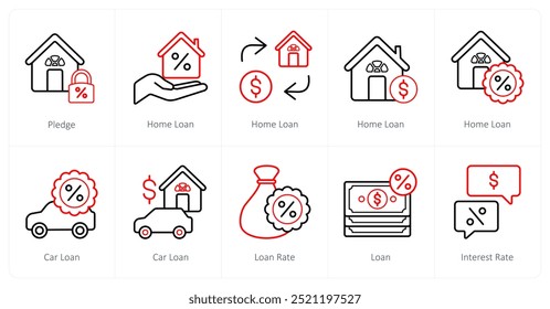 Um conjunto de 10 ícones de Empréstimo e Dívida como penhor, empréstimo para casa, empréstimo de carro