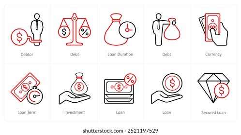 Um conjunto de 10 ícones de Empréstimo e Dívida como devedor, dívida, duração do empréstimo