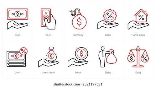 A set of 10 Loan and Debt icons as cash, currency, loan