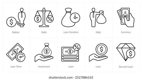 Um conjunto de 10 ícones de Empréstimo e Dívida como devedor, dívida, duração do empréstimo