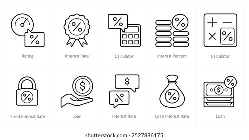 A set of 10 Loan and Debt icons as rating, interest rate, calculator