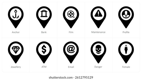 A set of 10 location icons as anchor, bank, film