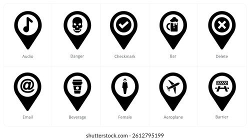 A set of 10 location icons as audio, danger, checkmark