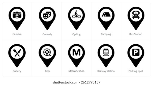 A set of 10 location icons as camera, comedy, cycling