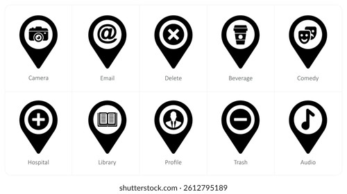 A set of 10 location icons as camera, email, delete