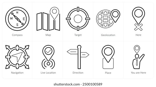 A set of 10 location icons as compass, map, target