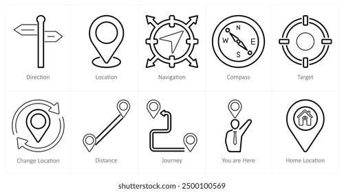 Un conjunto de 10 iconos de ubicación como dirección, ubicación, navegación