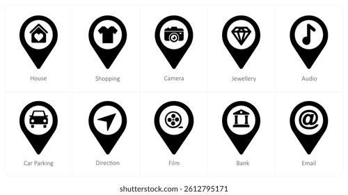 A set of 10 location icons as house, shopping, camera