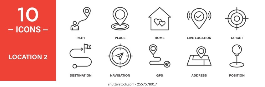 A set of 10 location icons including path, GPS, home, live location, target, and navigation, perfect for maps, travel, or geolocation-related projects.