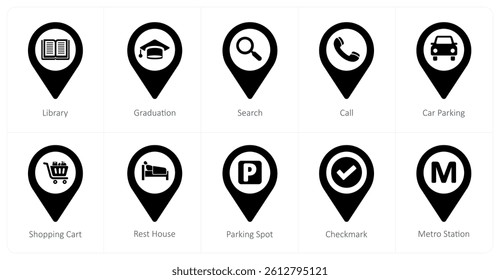 A set of 10 location icons as library, graduation, search