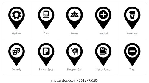 A set of 10 location icons as options, train, fitness