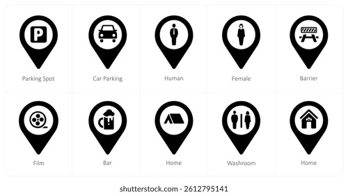 A set of 10 location icons as parking spot, car parking