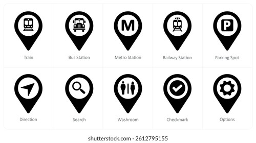 A set of 10 location icons as train, bus station, metro station