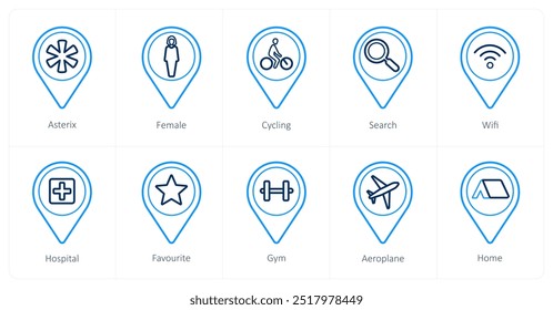 Um conjunto de 10 ícones de ponteiro de localização como asterisco, feminino, ciclismo