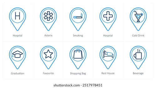 Um conjunto de 10 ícones de ponteiro de localização como hospital, asterix, fumar