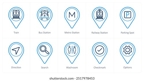 A set of 10 Location Pointer icons as train, bus station, metro station