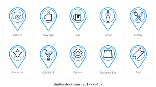Um conjunto de 10 ícones de ponteiro de localização como câmera, bebida, bar