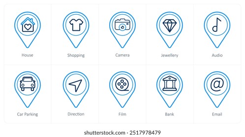 A set of 10 Location Pointer icons as house, shopping, camera