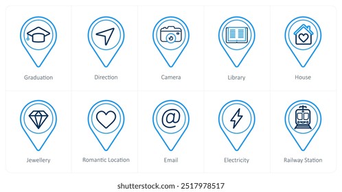 A set of 10 Location Pointer icons as graduation, direction, camera