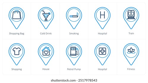 A set of 10 Location Pointer icons as shopping bag, cold drink, smoking