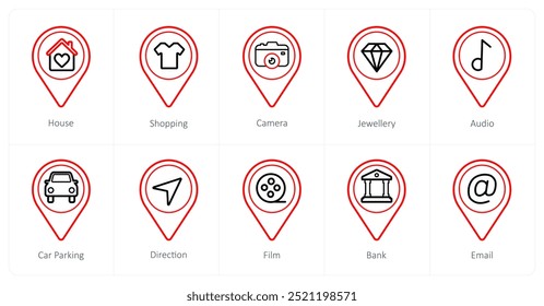 A set of 10 Location Pointer icons as house, shopping, camera