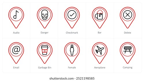 Un conjunto de 10 íconos de puntero de Locación como audio, peligro, marca de verificación