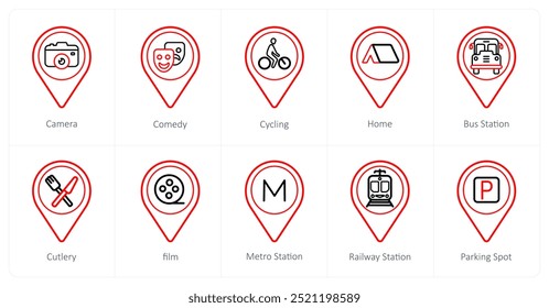 Um conjunto de 10 ícones de ponteiro de localização como câmera, comédia, ciclismo
