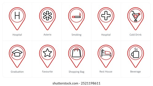 Um conjunto de 10 ícones de ponteiro de localização como hospital, asterix, fumar