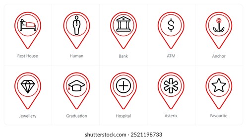 Um conjunto de 10 ícones de ponteiro de localização como casa de repouso, humano, banco