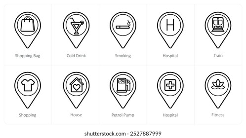 A set of 10 Location Pointer icons as shopping bag, cold drink, smoking